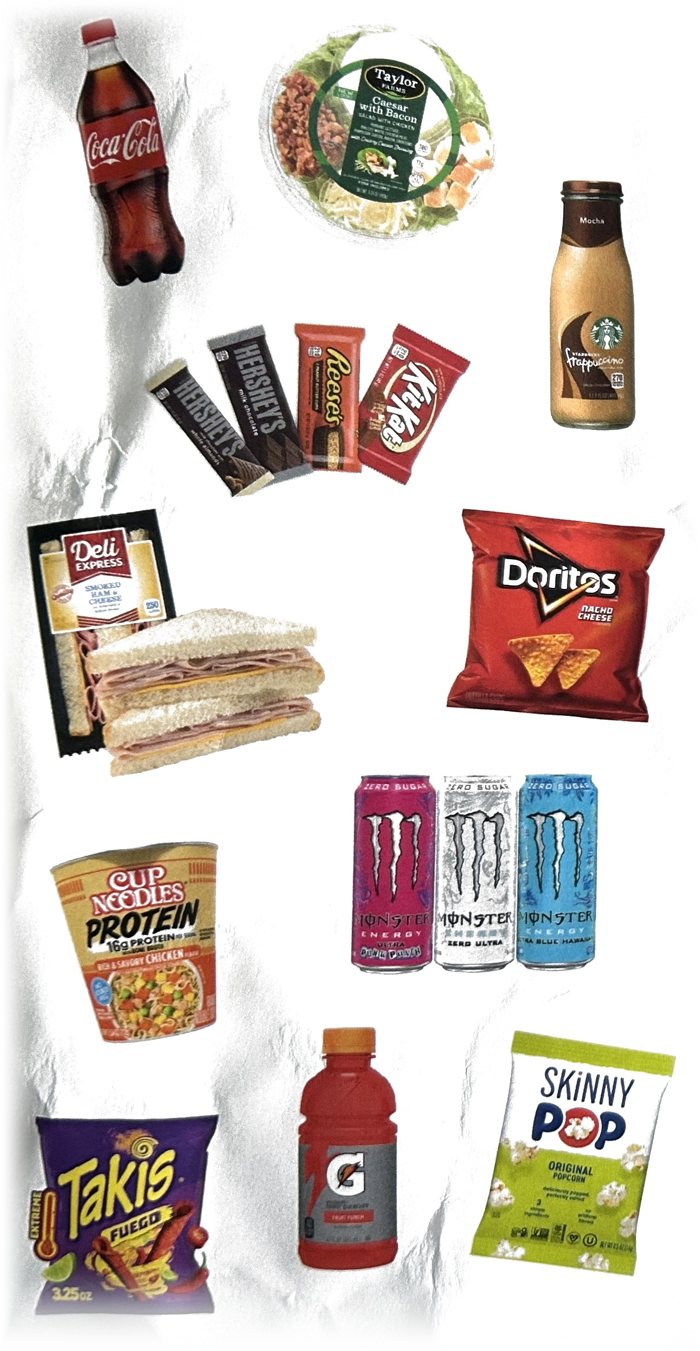 A selection of snacks, drinks, fresh sandwiches, and household essentials